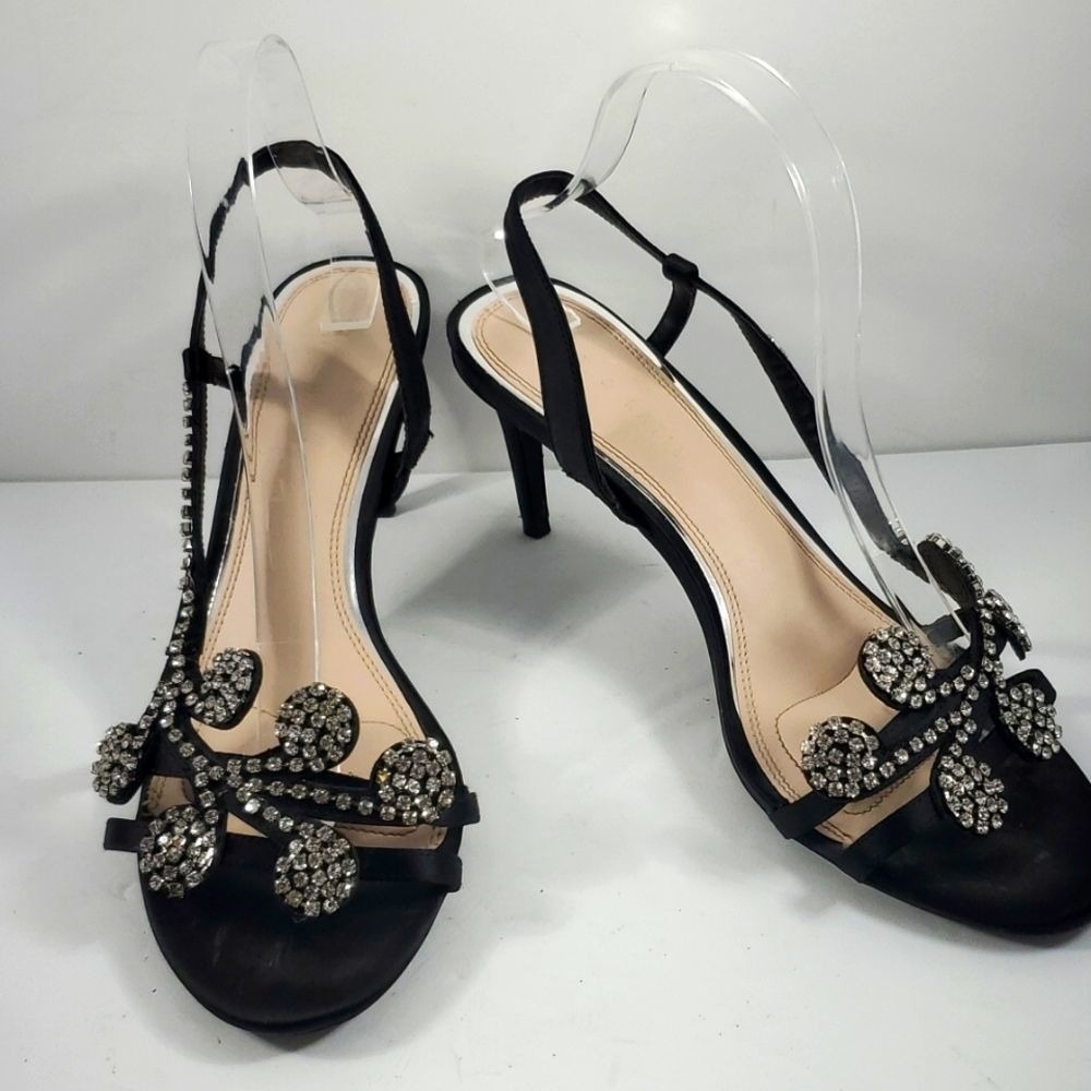 Kelly & Katie Black Satin Rhinestone Slingback Stiletto Heels Sandals Size 8.5